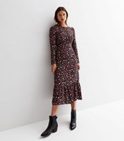 New Look Black Ditsy Floral Long Sleeve Ruched Midi Dress